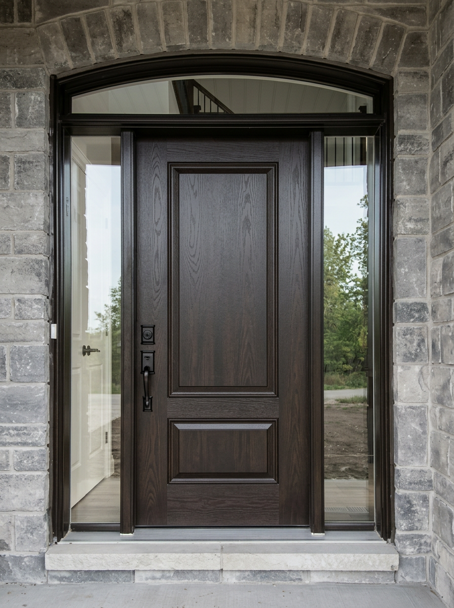 Two-panel dark wood door with arched transom