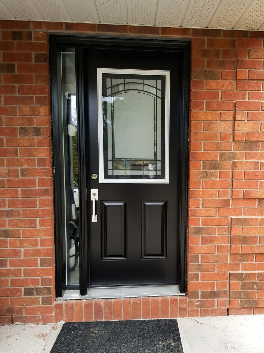 Classic black two-panel door with decorative glass